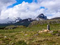 Schafe an Wegmarke mit Bergkulisse der Ostfjorde